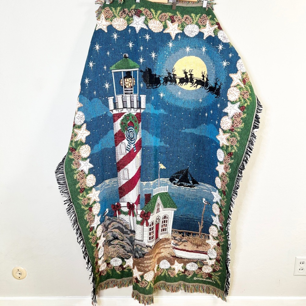 Goodwin Weavers Woven Throw Blanket Santa Lighthouse Christmas Nautical 44x56"